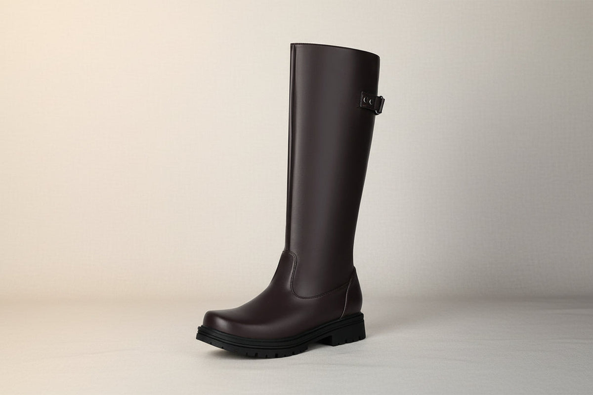 Womens Retro British-Style Leather Belt-Buckle Riding Boots