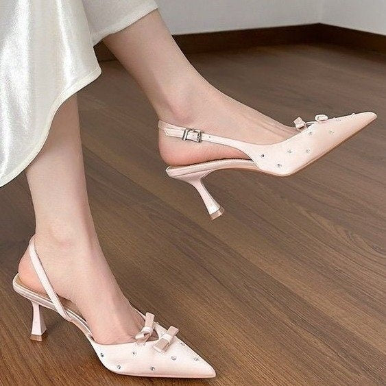 2026 Spring-Summer New Closed Toe Slingback Heeled Sandals For Women, Stiletto Heel With Bowknot, Rhinestone Fashion High Heels, European & American Style