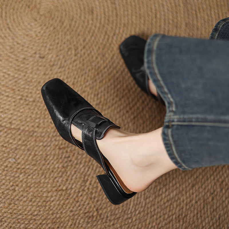 Retro Closed Toe Half Slippers Women's Summer Low Heel Thick Heel Rear Empty Sandals