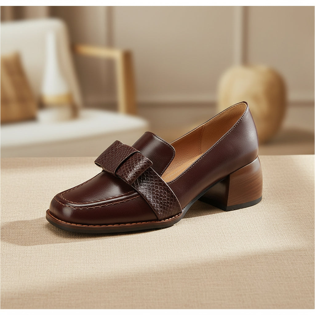 Elegant And Sophisticated Soft Cowhide Commuter Shoes With A Chunky Mid Heel
