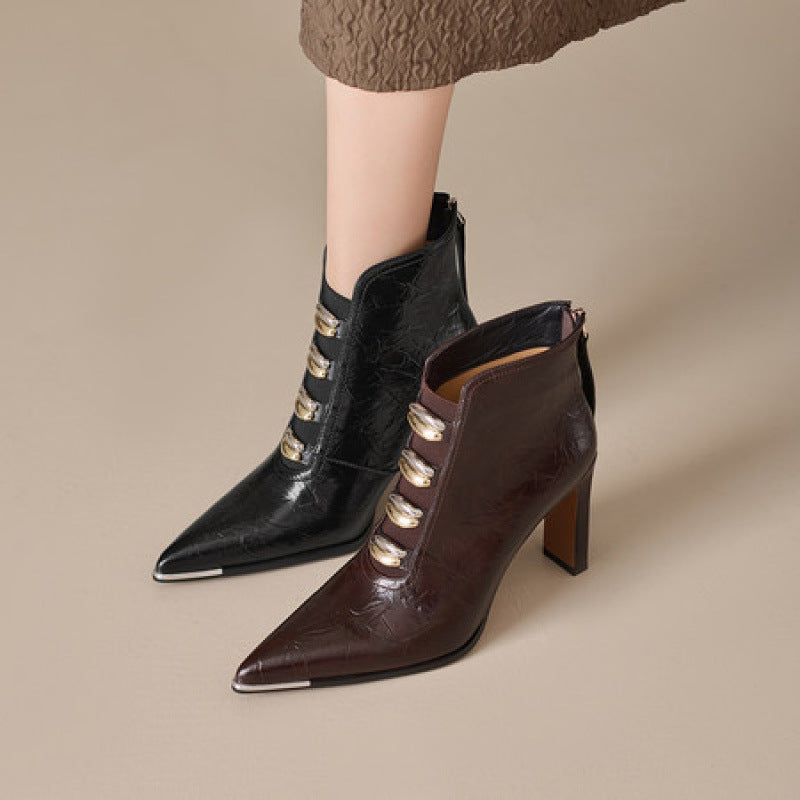 Womens Pointed-toe Chunky-heel Ultra-high Short Boots 