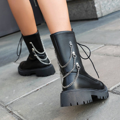 Large-size Womens Chunky-heeled Mid-calf Dr Martens Boots For Fall And Winter 