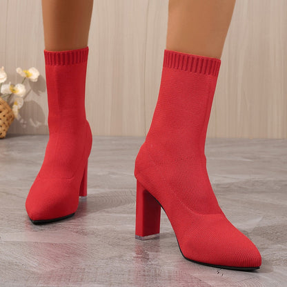 New Winter Fashion Minimalist Chunky-heeled Knitted Suede Ankle Boots With Pointed Toes For Women 