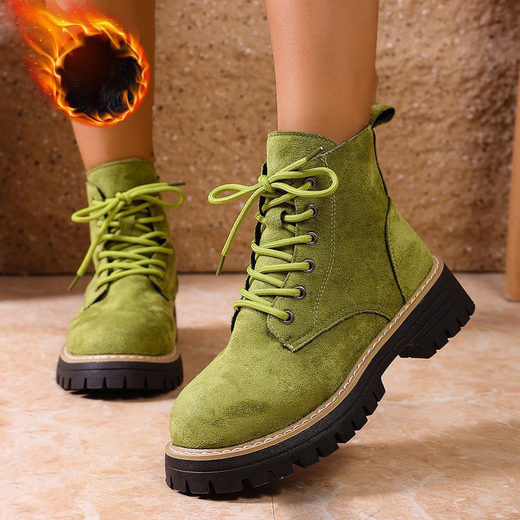 Front Lace-up Suede Ankle Boots With Fleece Lining 