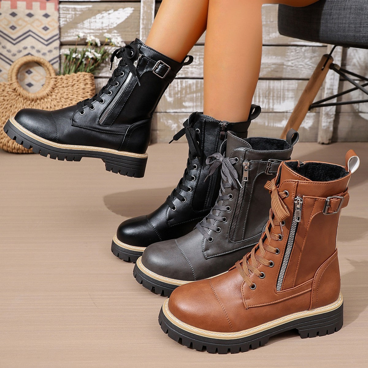 New Women's Solid Color Low Heel Middle Boots CJ
