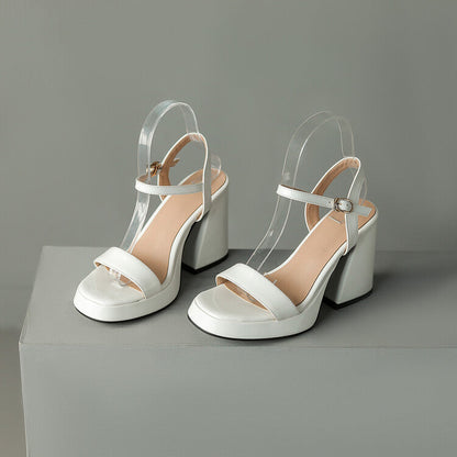 Womens Solid-color Round-toe Chunky-heel Sandals 