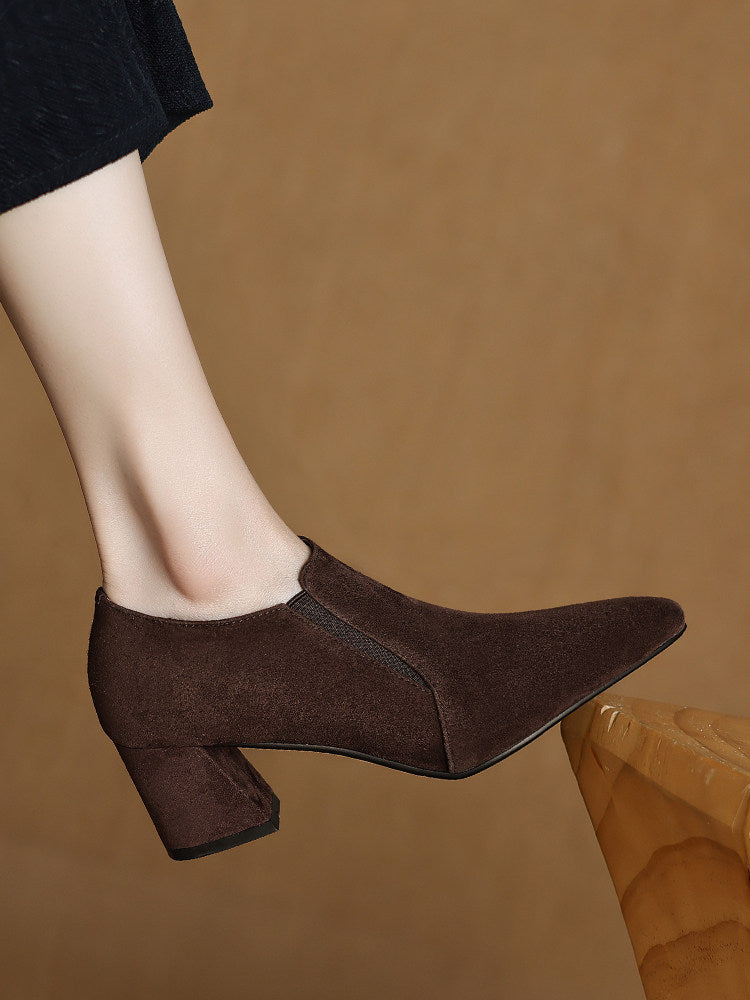 Suede-textured Deep-toe Pointed-toe Chunky-heel Shoes 