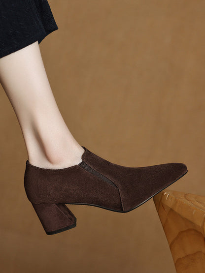 Suede-textured Deep-toe Pointed-toe Chunky-heel Shoes 