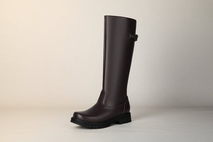 Womens Retro British-Style Leather Belt-Buckle Riding Boots 