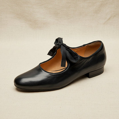 French-style Vintage Low-heeled Leather Shoes For Women Round Toe Low Cut 