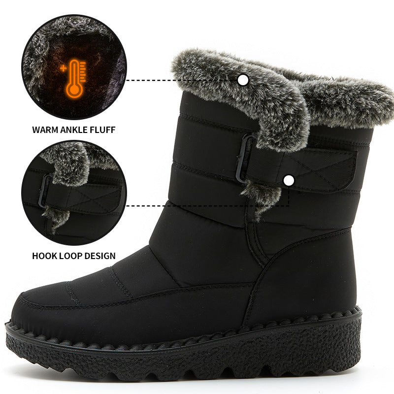 Snow Boots Winter Warm Hook And Loop Fastener Plush Shoes Women Waterproof Low Heels Platform Ankle Boots 