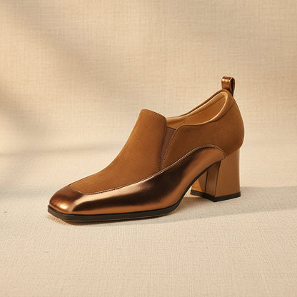 Womens Retro Black Square-Toe High Heels 