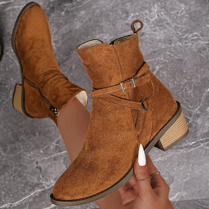 Cross-Strap Side-Zipper Mid-Heel Ankle Boots Women 