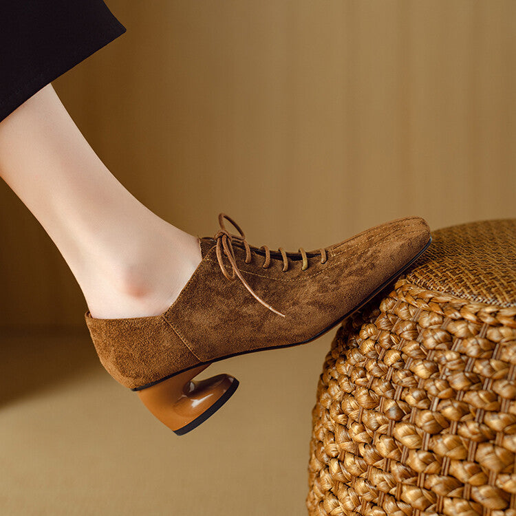 Womens New Retro Sheepskin Chunky-Heel Pumps With A Square Toe 