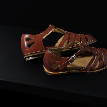 Women's Premium Washed Full Grain Leather Fisherman Sandals, Closed-Toe Woven T-Strap Flats 