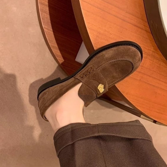 Round-toe Small Gold Coin Loafers British-style Leather Slip-ons 