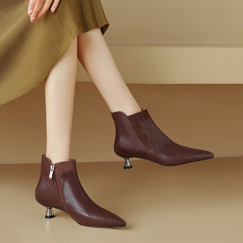 Genuine Leather Pointed-toe Kitten Heel Ankle Boots With A Sleek Mid-heel Design 
