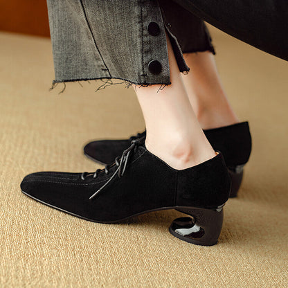 Womens New Retro Sheepskin Chunky-Heel Pumps With A Square Toe 