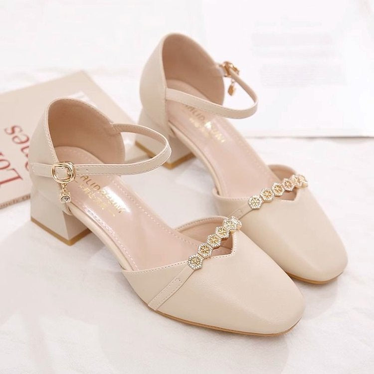 Mid-heel Fairy-style Slingback Soft Leather Square-toe Pumps 