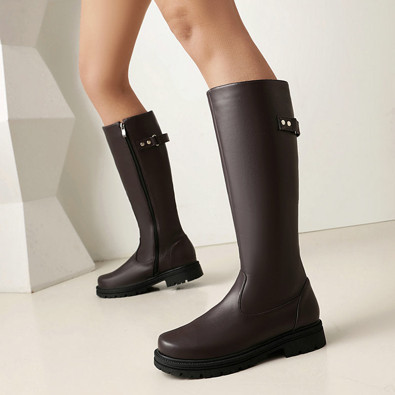 Womens Retro British-Style Leather Belt-Buckle Riding Boots 