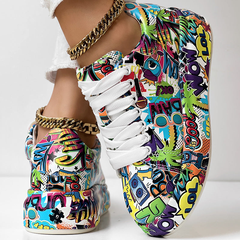 Women's Casual Round Toe Thick Sole Lace-Up Sneakers, Random Print Design, Comfortable Sporty Shoes For Daily Wear CJ US
