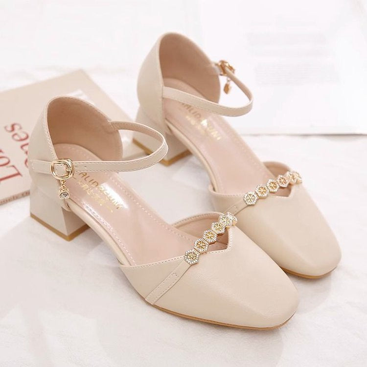 Mid-heel Fairy-style Slingback Soft Leather Square-toe Pumps 