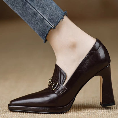 Retro Chunky-heel Pointed-toe Professional Womens Pumps 