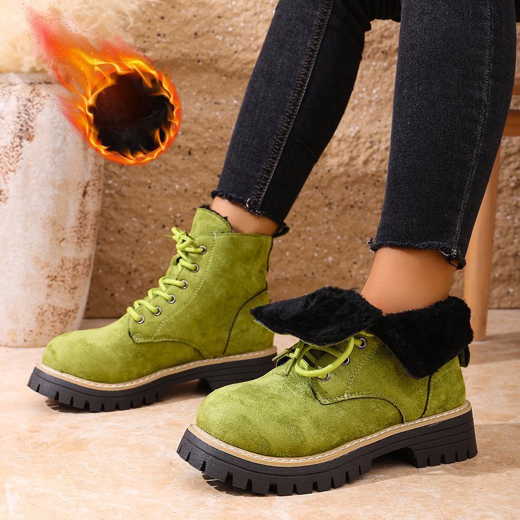 Front Lace-up Suede Ankle Boots With Fleece Lining 