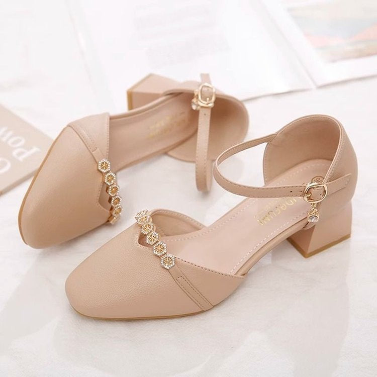 Mid-heel Fairy-style Slingback Soft Leather Square-toe Pumps 