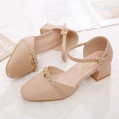 Mid-heel Fairy-style Slingback Soft Leather Square-toe Pumps 