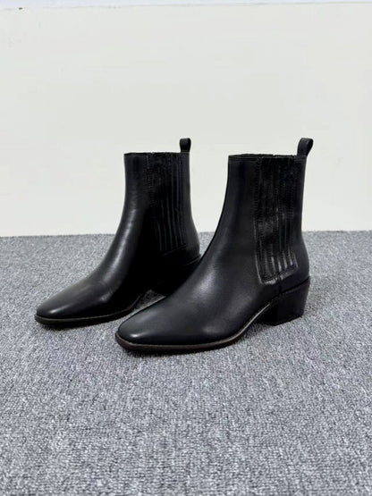 Mid-heel Chunky-heel Retro Square-toe Matte Leather Womens Boots 