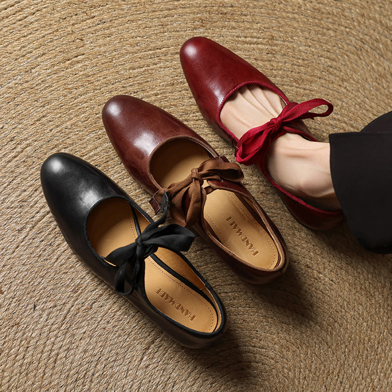 French-style Vintage Low-heeled Leather Shoes For Women Round Toe Low Cut 
