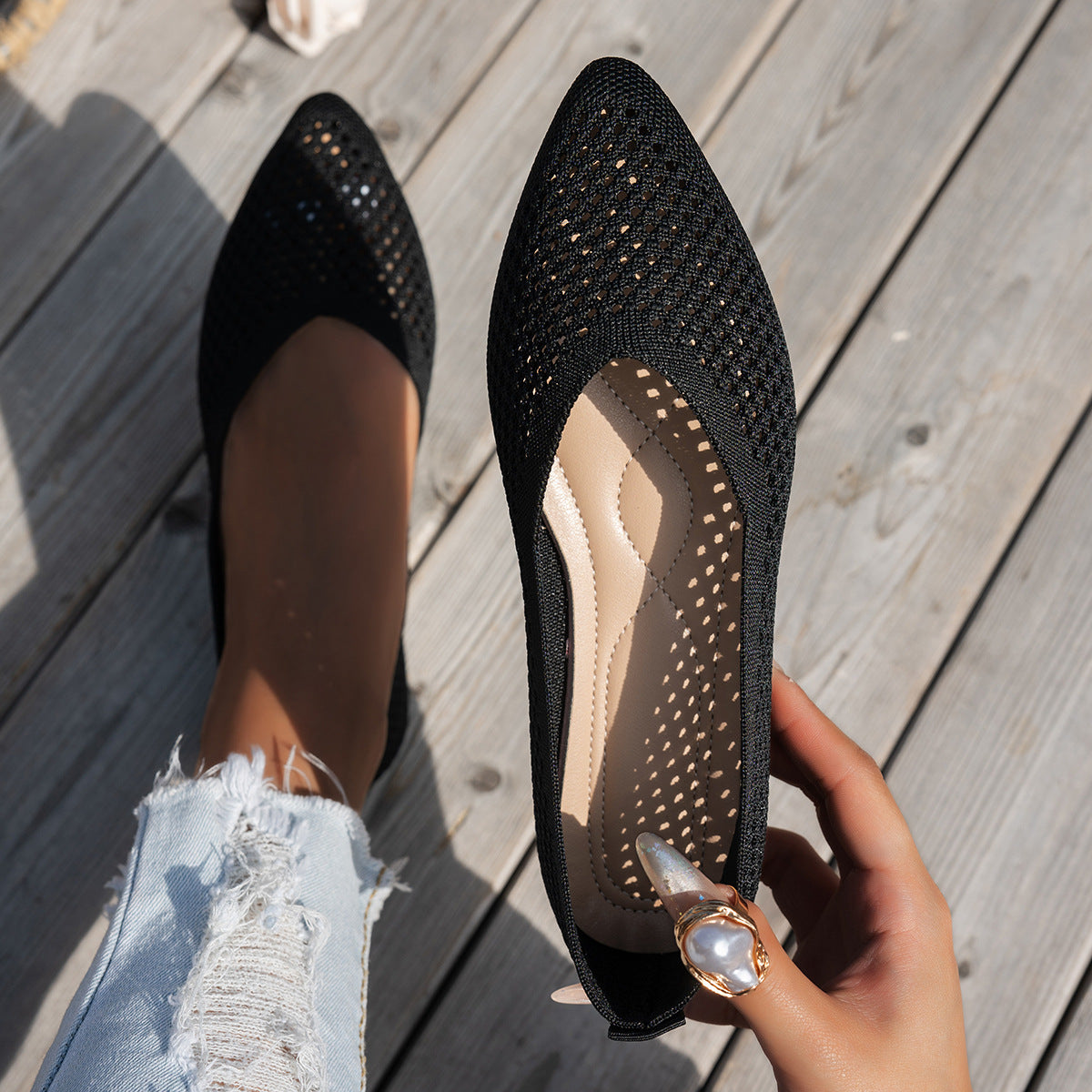 Womens Solid-Colored Pointed-Toe Flat Shoes Casual Fabric Flyknit Loafers 