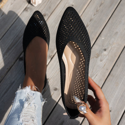 Womens Solid-Colored Pointed-Toe Flat Shoes Casual Fabric Flyknit Loafers 