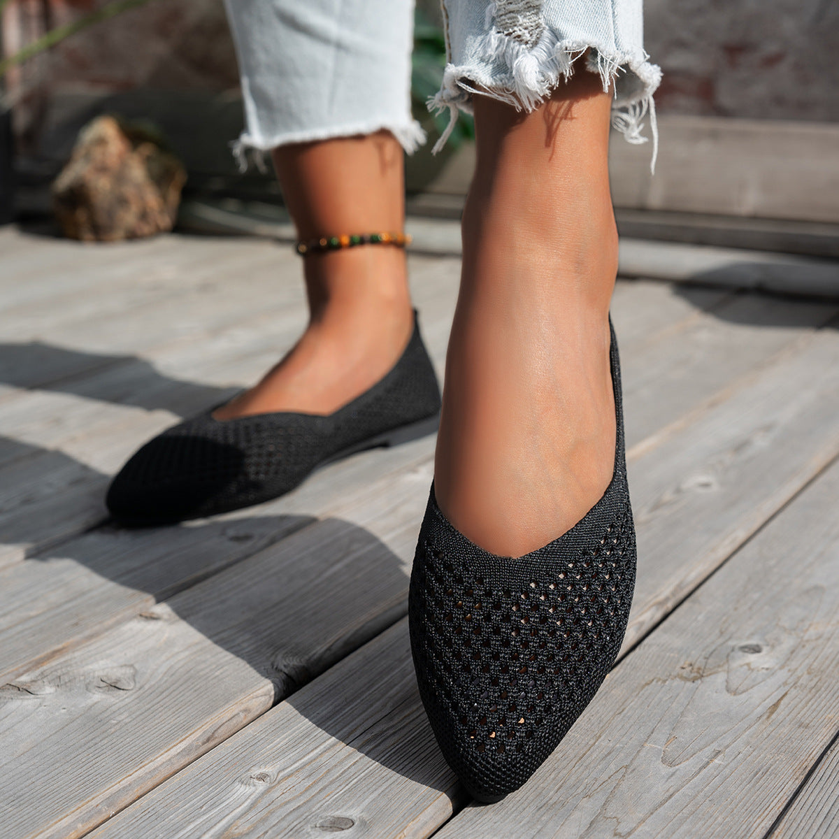Womens Solid-Colored Pointed-Toe Flat Shoes Casual Fabric Flyknit Loafers 