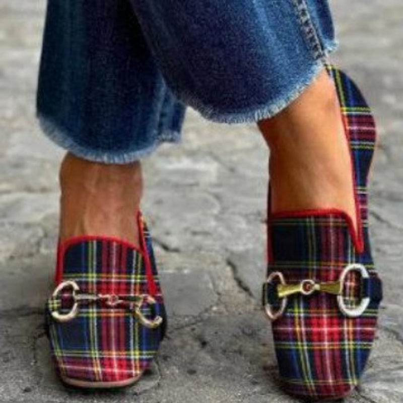 Plaid Casual Flat-Heel Plus-Size Square-Toe Womens Shoes 