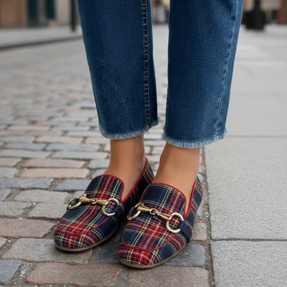 Plaid Casual Flat-Heel Plus-Size Square-Toe Womens Shoes 