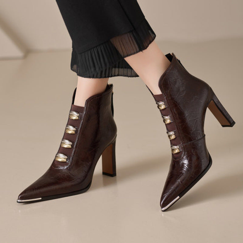 Womens Pointed-toe Chunky-heel Ultra-high Short Boots 
