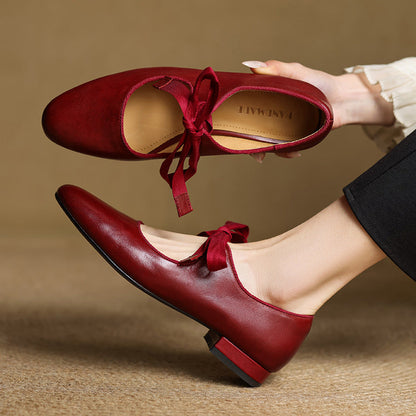 French-style Vintage Low-heeled Leather Shoes For Women Round Toe Low Cut 