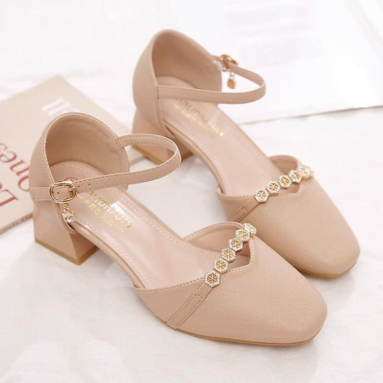 Mid-heel Fairy-style Slingback Soft Leather Square-toe Pumps 