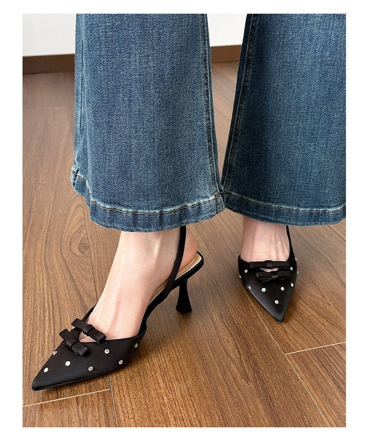 2026 Spring-Summer New Closed Toe Slingback Heeled Sandals For Women, Stiletto Heel With Bowknot, Rhinestone Fashion High Heels, European & American Style 