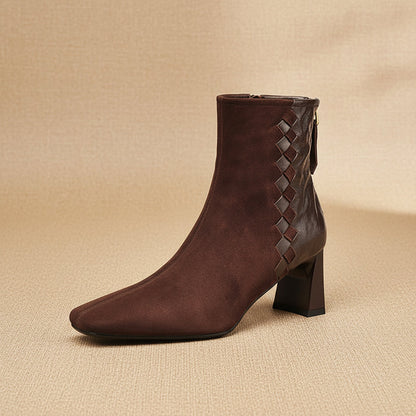 Womens Korean-style Square-toe Leather Chunky-heel Patchwork Ankle Boots 