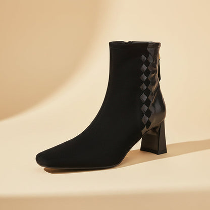 Womens Korean-style Square-toe Leather Chunky-heel Patchwork Ankle Boots 
