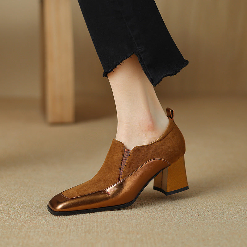Womens Retro Black Square-Toe High Heels 