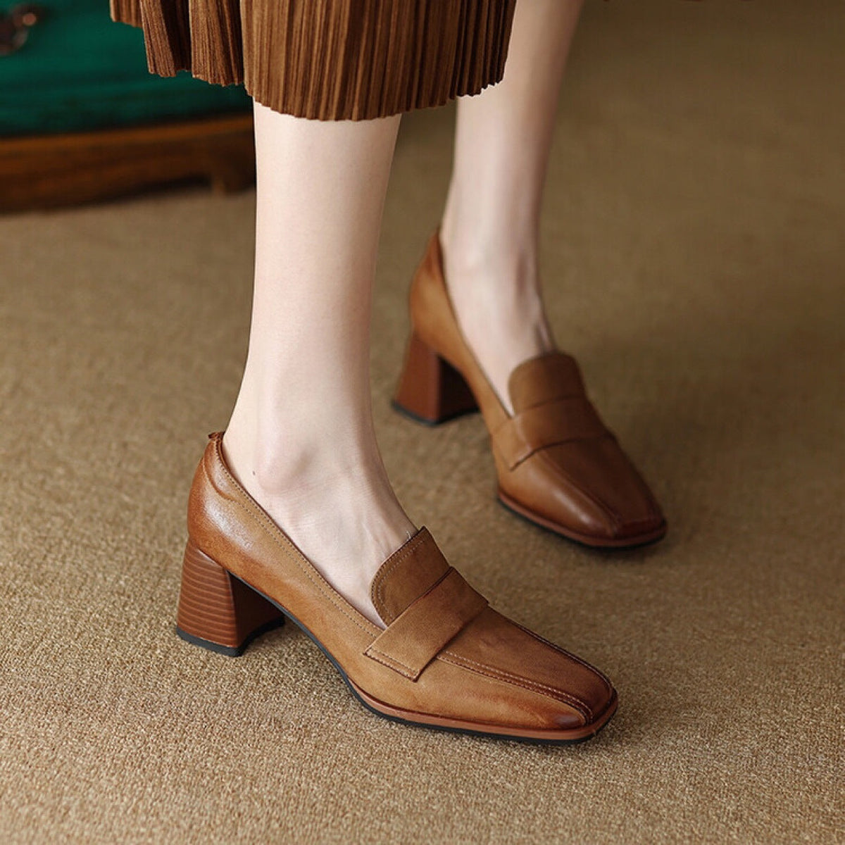 Square-toe Chunky-heel Mid-heel Low-cut Shoes 