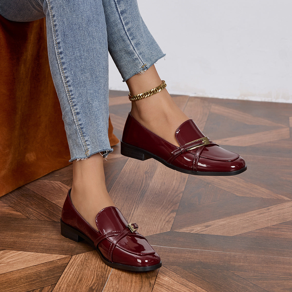 Casual All-Match Patent Leather Square Toe Leather Shoes 
