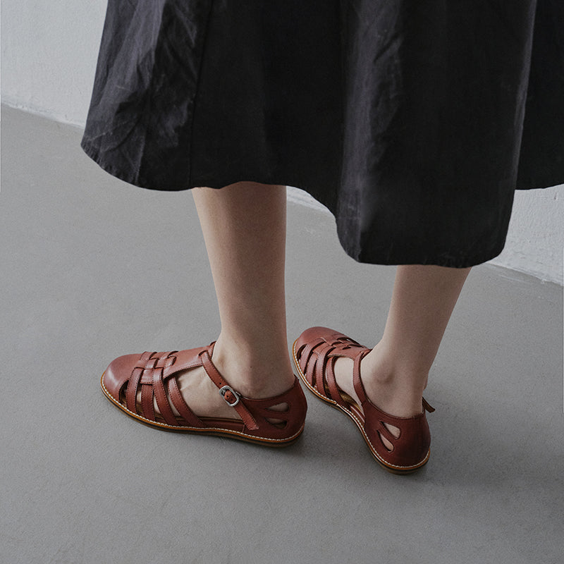 Women's Premium Washed Full Grain Leather Fisherman Sandals, Closed-Toe Woven T-Strap Flats 