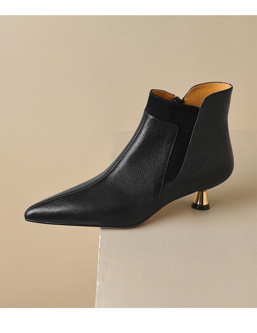 Genuine Leather Pointed-toe Kitten Heel Ankle Boots With A Sleek Mid-heel Design 