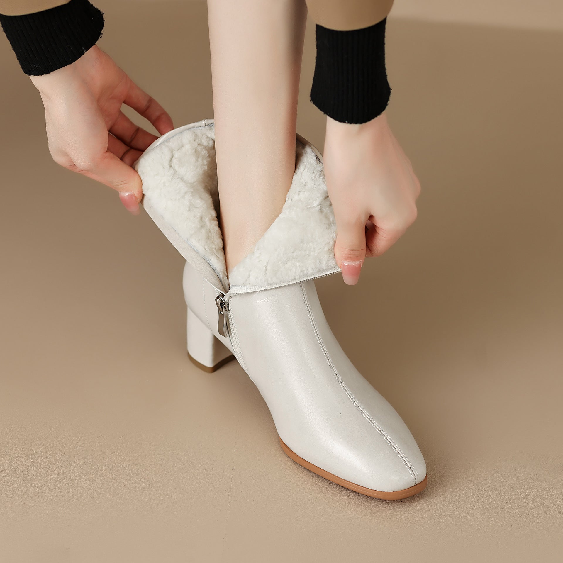 Women's Short Boots, Chunky Mid-heel, Thick Fur Snow Boots, Cotton Boots 