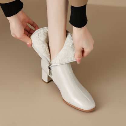 Women's Short Boots, Chunky Mid-heel, Thick Fur Snow Boots, Cotton Boots 
